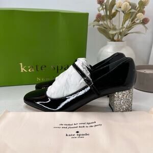Kate Spade Kornelia Chunky Silver Glitter Heel Patent Leather Pump Black Women 7